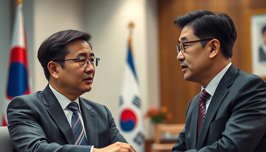 Asian businessman discusses Trump tariffs with South Korean flag.