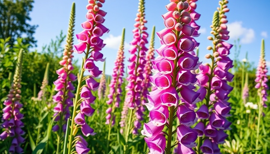 Vibrant purple and white foxgloves in garden, clear sky.