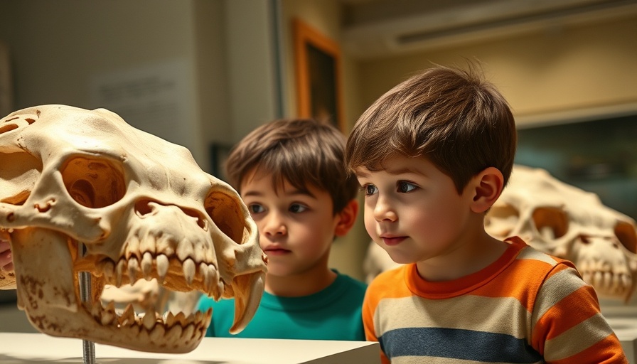 Children observing ancient wolf skulls at museum exhibit on conservation crisis and de-extinction.