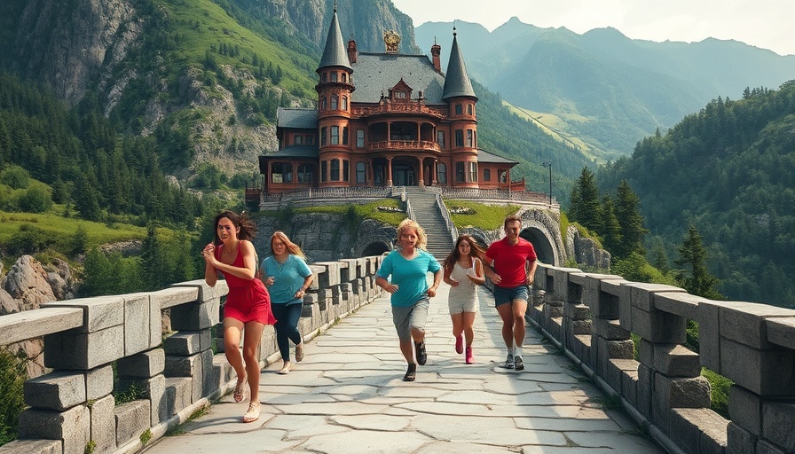 Excited characters running in a video game movie scene.