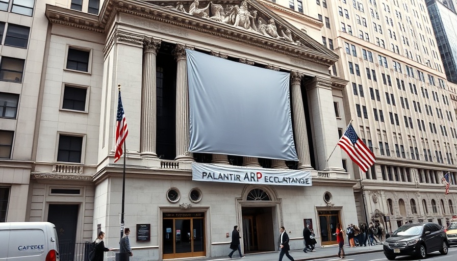Palantir listed at NYSE, New York Stock Exchange facade with Palantir banner.