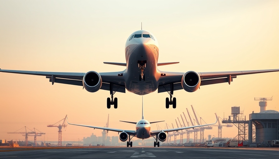Airplane on tarmac amidst industrial cranes, linking oil prices and US-Iran talks.