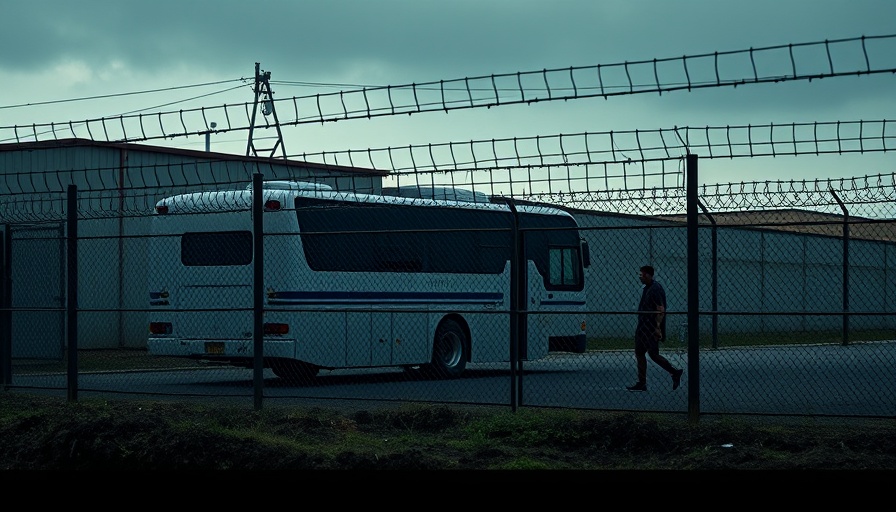 Detention bus behind barbed wire fence connected to Supreme Court deportation decisions.