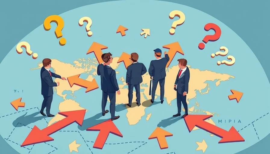 Cartoon businessmen navigating strategic map, symbolizing tariffs without industrial policy.