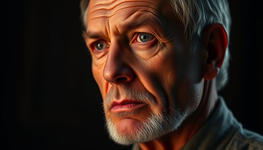 Close-up of serious older man looking sideways, dim lighting.