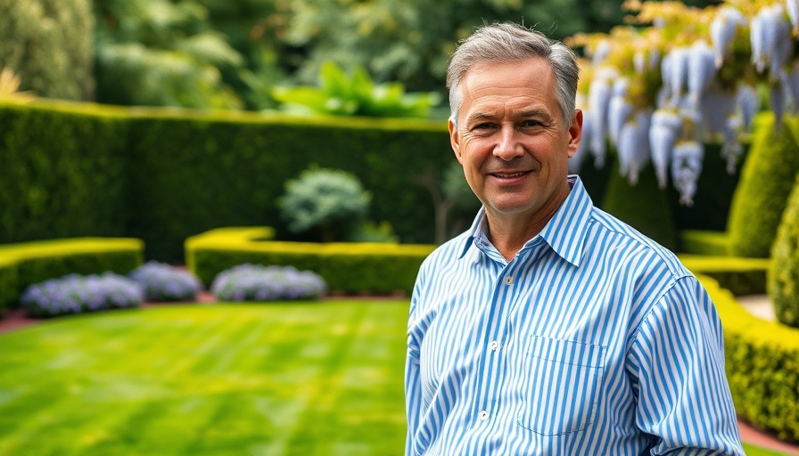 Confident mature man in garden for Hargreaves Lansdown takeover.