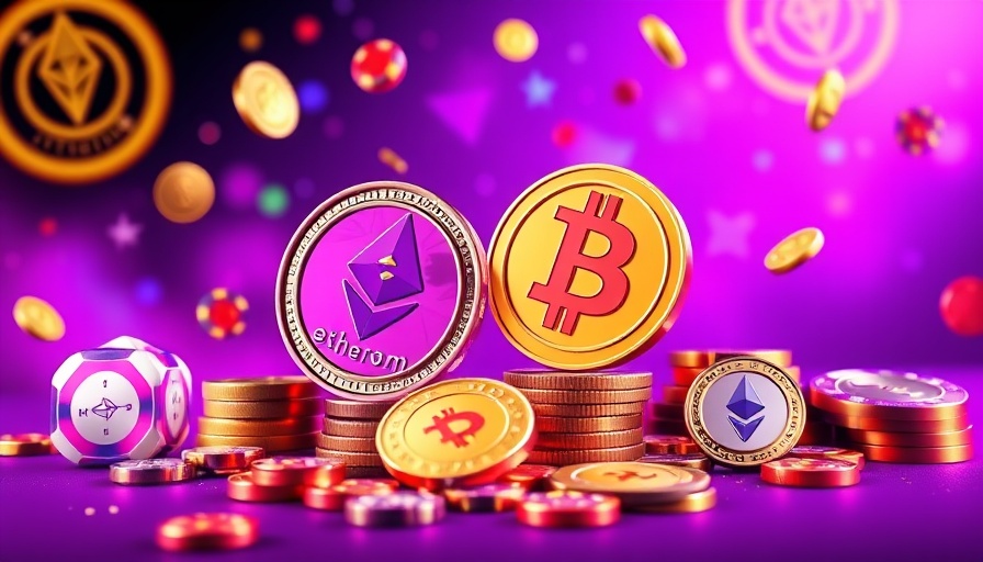 Crypto casinos growth illustration with Bitcoin and Ethereum on purple background.