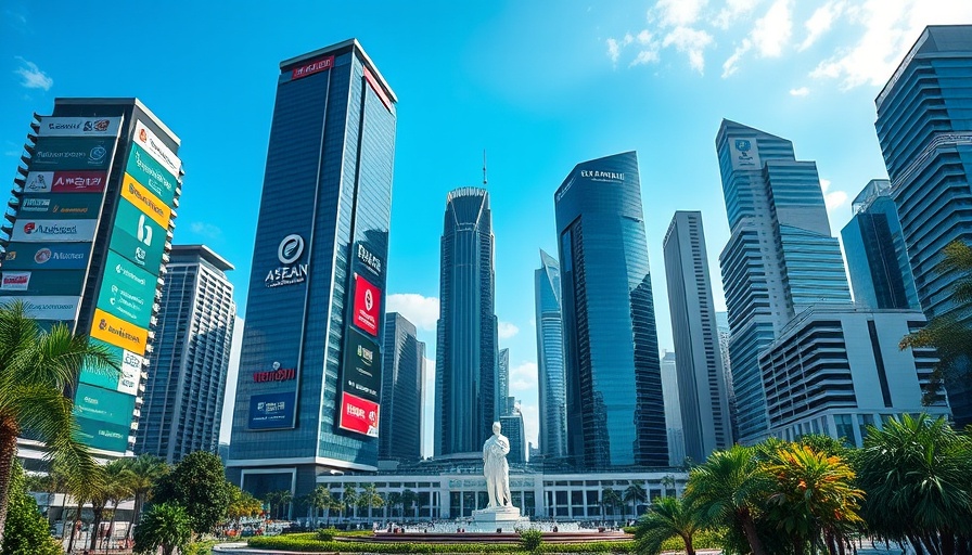 Transition finance in ASEAN banks skyline with iconic statue.