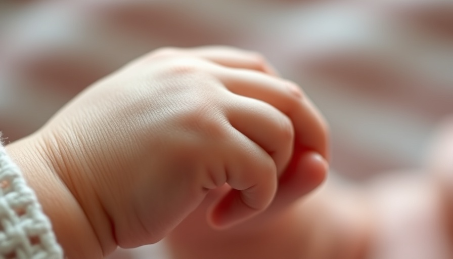 Baby's hand holding adult's finger symbolizes bond in rare surgery to save mother and baby.