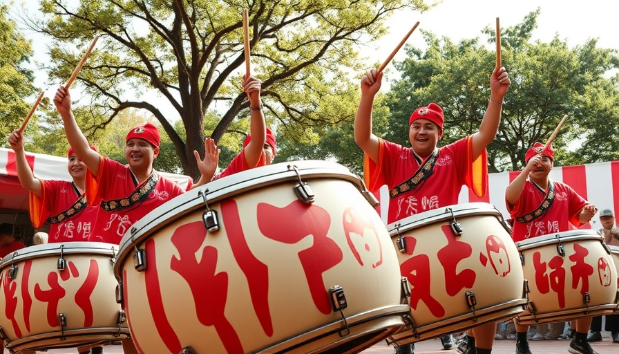 Taiko drummers at Bay Area festival, vibrant costumes, dynamic movement.