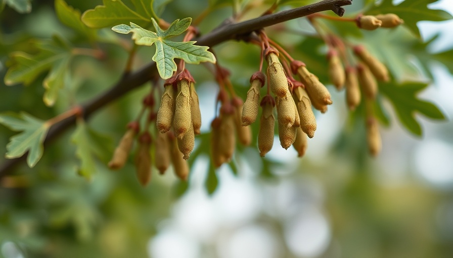 Close-up of oak tree pollen catkins and leaves for tracking pollen levels.