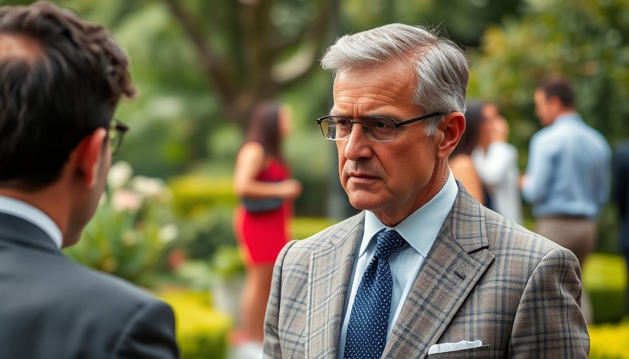 Man in suit outdoors, serious expression, engaging in conversation.