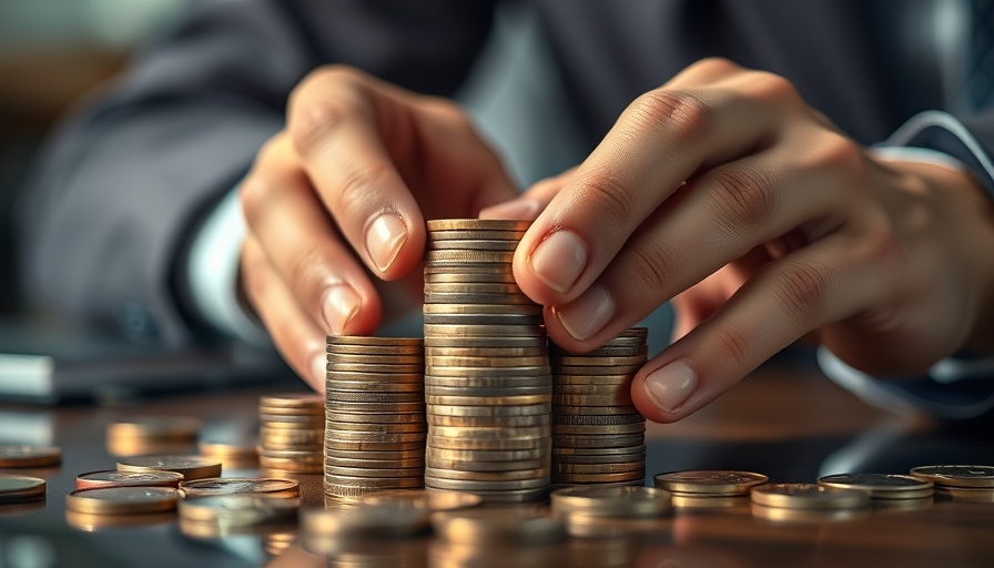 Close-up hands stacking coins, building an emergency fund.