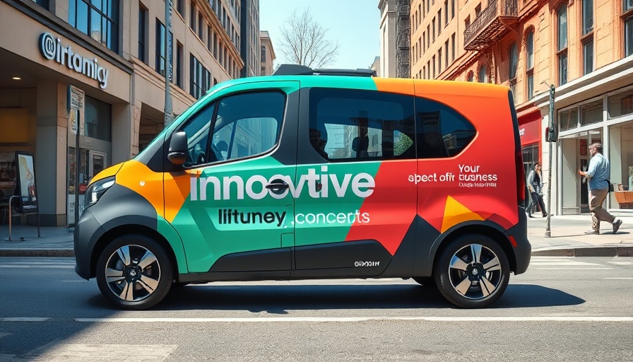 Innovative business vehicle promoting startup strategies on urban street.