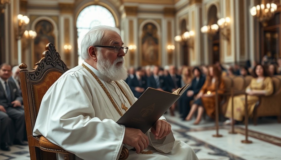 Elderly man in white robes discussing legacy indoors with audience.