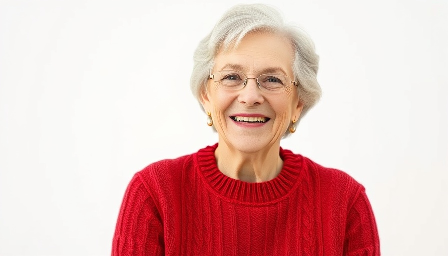 Cheerful older woman smiling in red sweater, studio portrait.