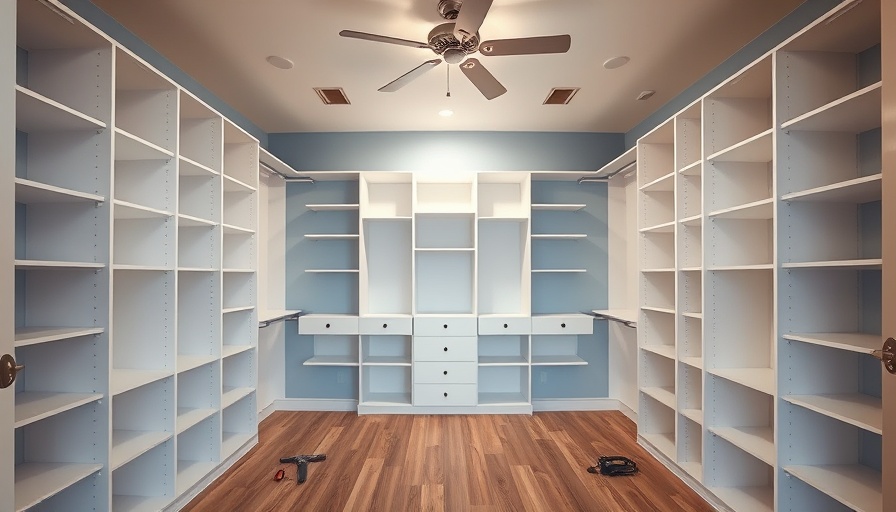 Walk-in closet transformation with custom shelving being built.