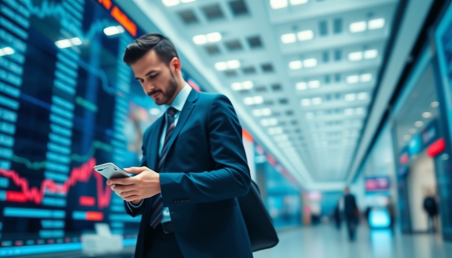 Businessman checking phone in front of stock market display, stock market news.