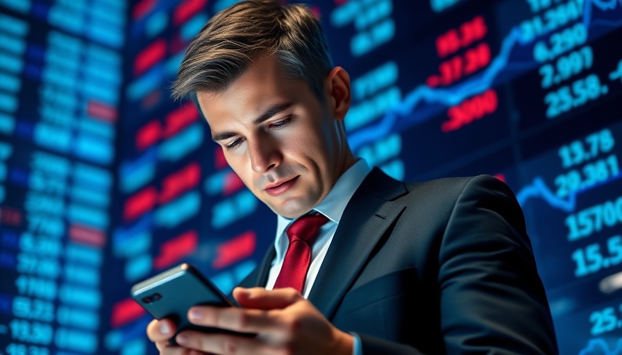 Businessman examining phone in front of stock data, earnings announcements in investing.