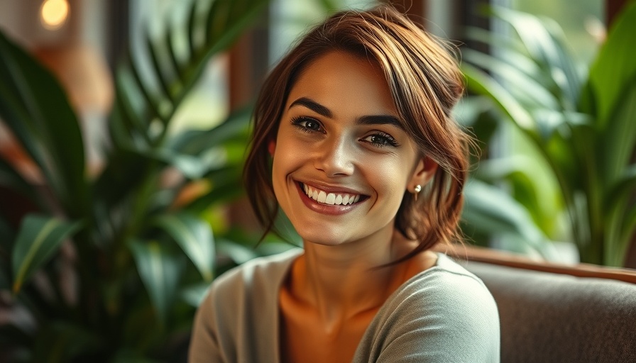 Confident woman seated indoors with greenery, AI-driven products and startups for economic empowerment