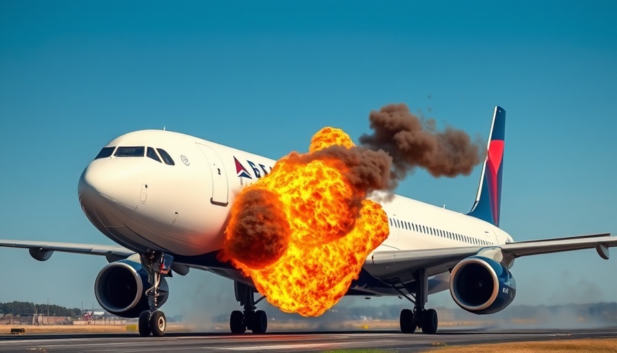 Delta Airlines plane with engine fire on runway in emergency situation.