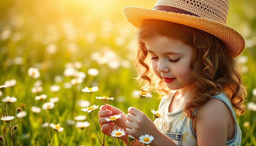 Child in a sunlit meadow picking daisies, rekindling childhood joy.