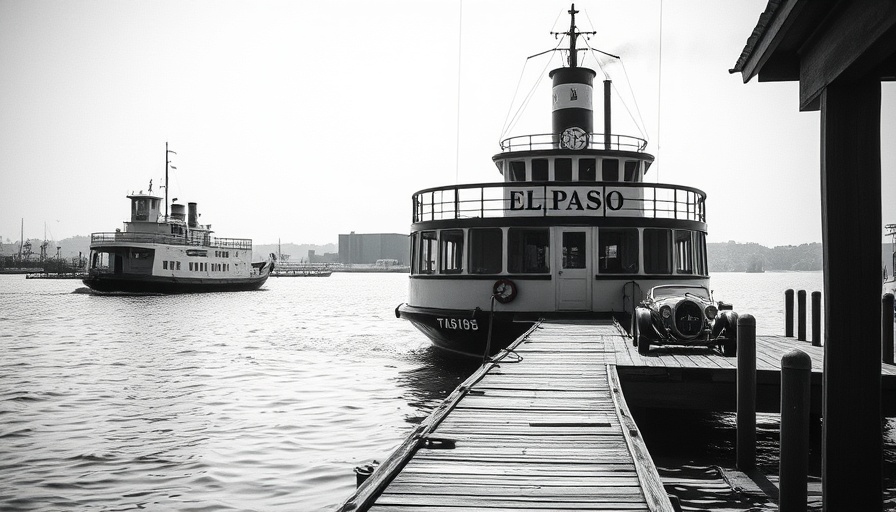 Historic El Paso ferry docking at pier with vintage car onboard.