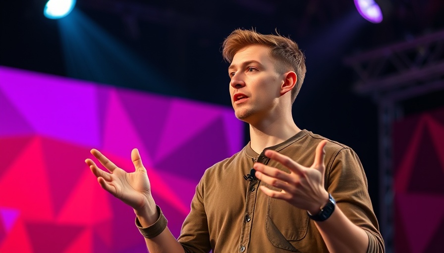 Person discussing on stage with vibrant geometric backdrop, Rivian AI Strategy.