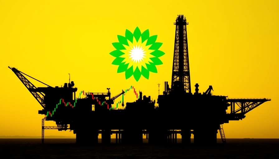 Offshore oil rig with BP logo and stock graphs on yellow background.