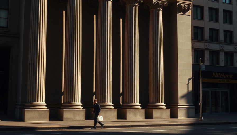 Pedestrian by neoclassical building with shadows, tariffs theme