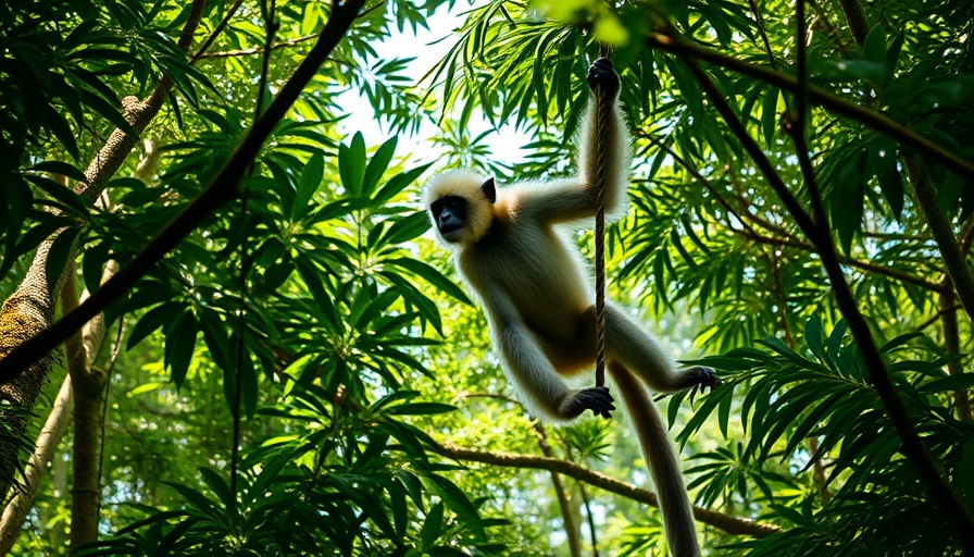 Gibbon swing in India's forest, highlighting forest disappearance