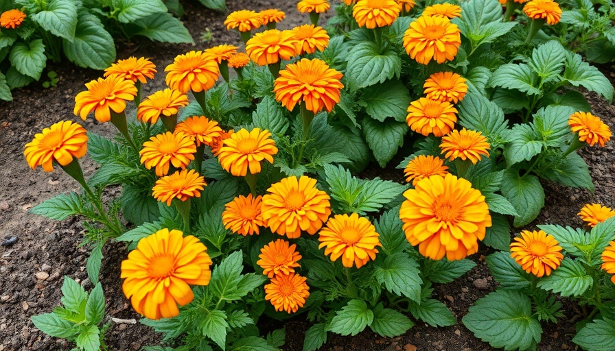 Lush garden with marigolds and leafy greens for pest control
