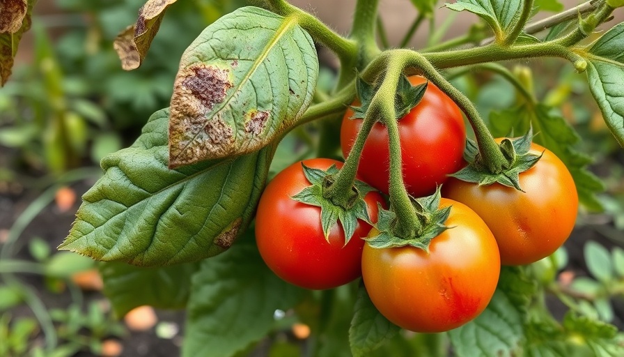 Tomato plant with wilted leaves showing blight signs in garden.