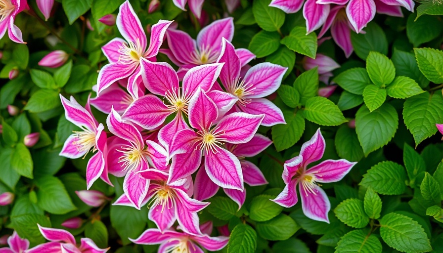 Beautiful pink clematis flowers among green leaves, showcasing types of clematis.