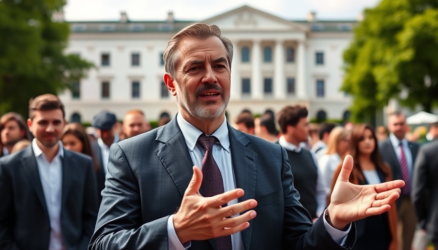 Confident leader gesturing at an outdoor event, with people and a building in the background.