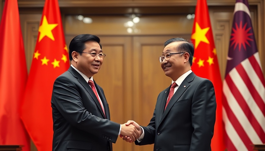 Xi Jinping Southeast Asia trip handshake with Malaysian leader in front of flags.