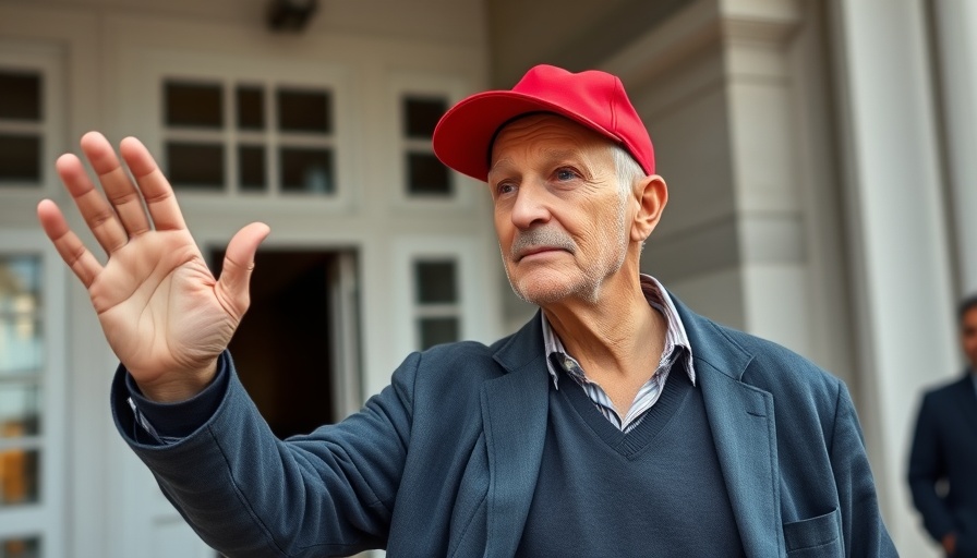 Older man in red cap enters white-columned building, breaking news Trump allies infighting.