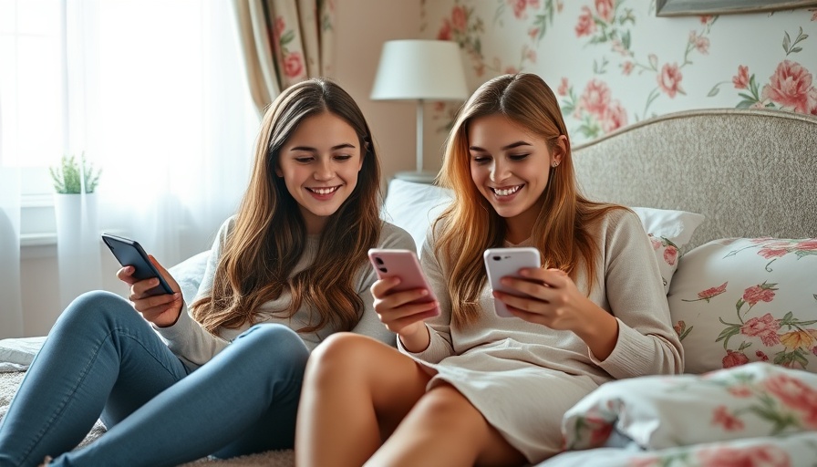 Teenage girls using smartphones on bed, social media connection.