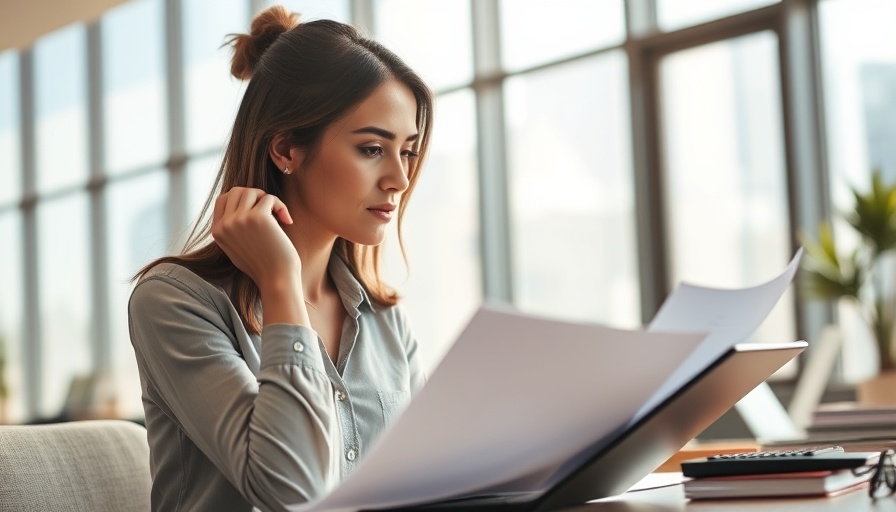 Woman considering credit card debt consolidation in office setting.