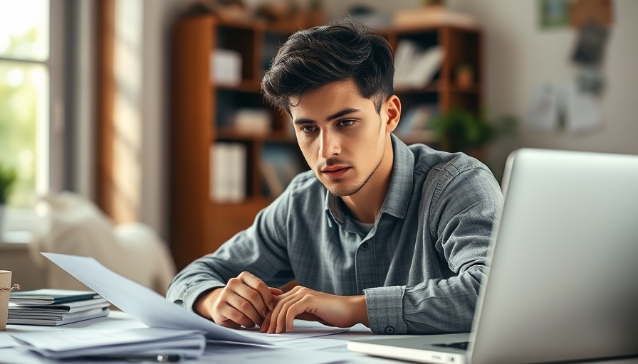 Young adult focused on debt consolidation, calculating finances.