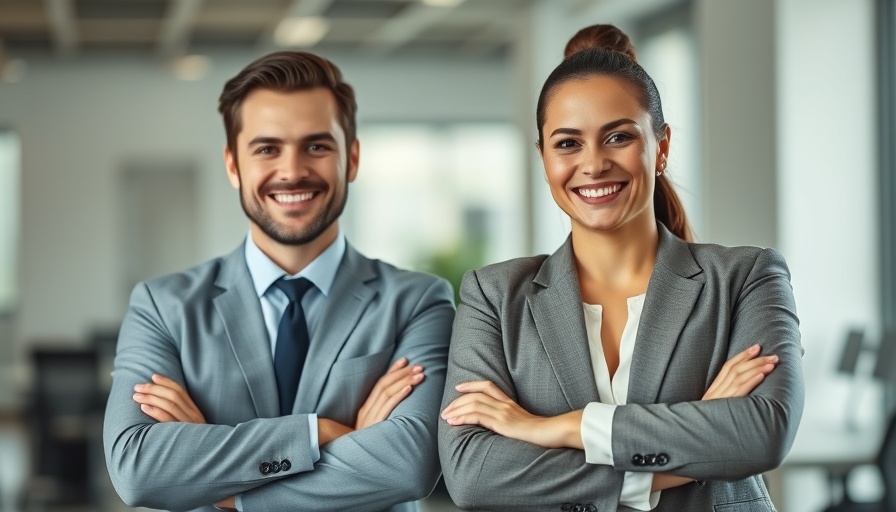 Confident business professionals discussing startup funding in an office.