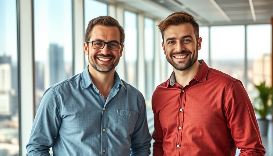 Casual office vibe with two smiling men and cityscape background.
