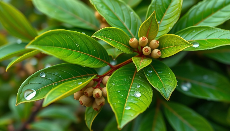 Bay laurel seeds and leaves with water droplets.
