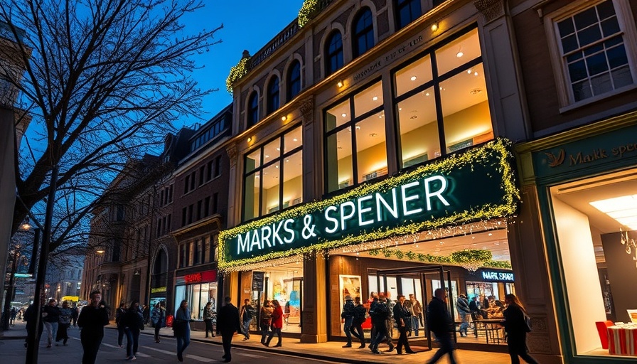 Marks & Spencer store at night, highlighting festive lights and busy street.