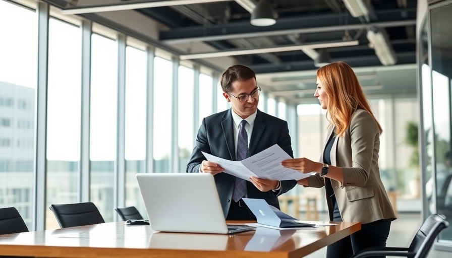 Business professionals discussing equipment lease financing in a modern office.