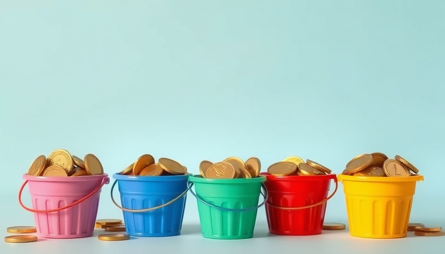 Colorful buckets filled with coins symbolizing budgeting system.