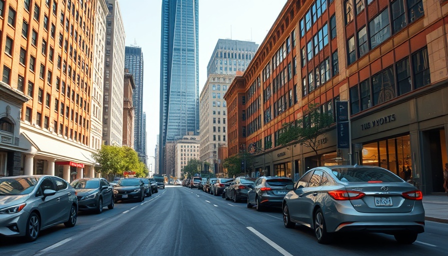 Urban street in Wichita with tall buildings and cars.