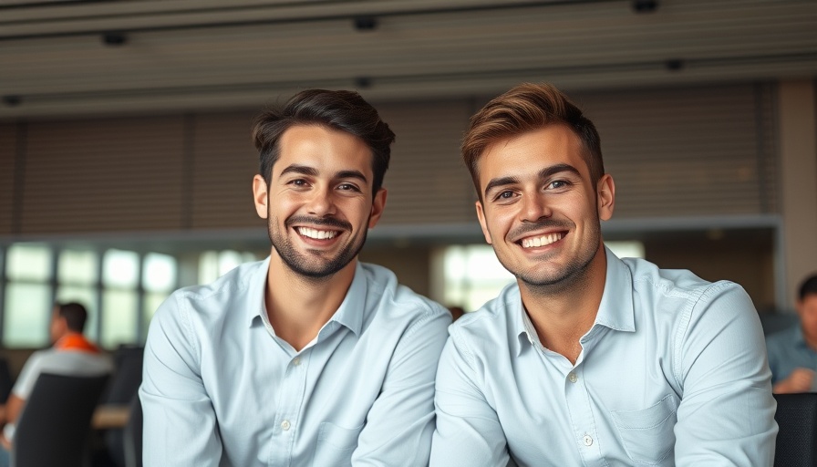 Confident men smiling, representing successful business startups.