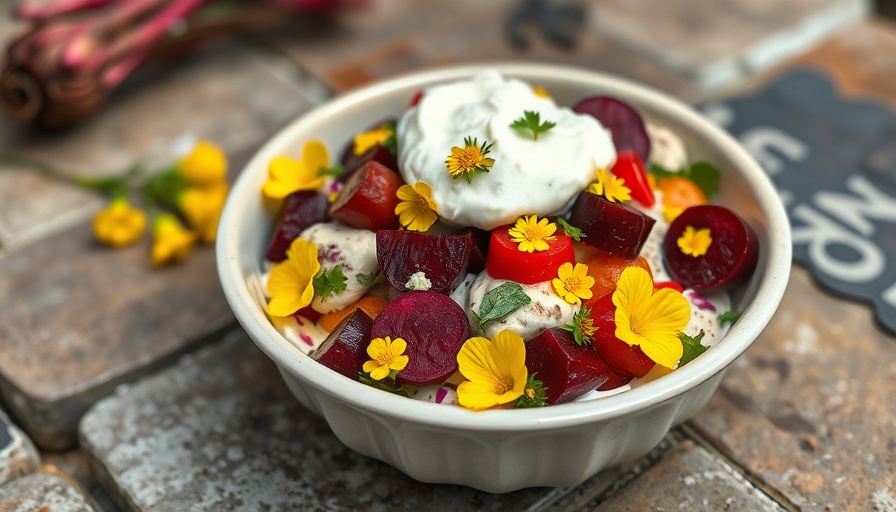 Colorful whipped ricotta salad with roasted beets on rustic tabletop.