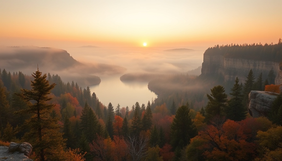 Misty sunrise over forest and lake, Minnesota scenery.